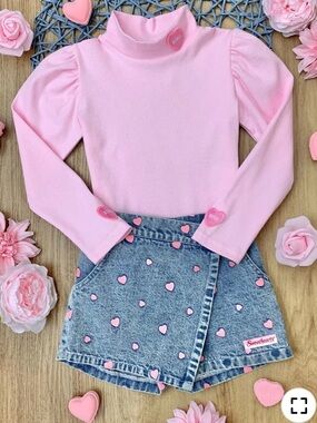 Mia Belle Girls Toddler Baby Heart Wrap Skirt Skort Denim Turtle Neck Pink 2T/3T